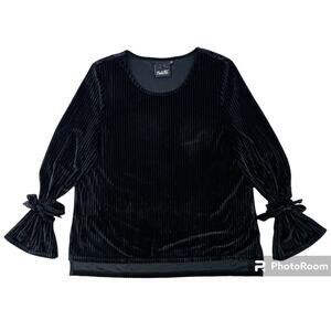 Nanette Lepore Top Womens XL Black Velour Ribbed Velvet Tunic Tie Cuff